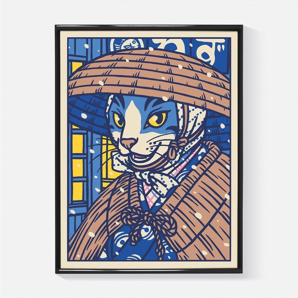 Poster “Gato saliendo de un restaurante en la nieve” 30x40 cm. - Olokuti