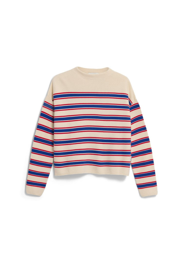 Suéter MERINAA STRIPES KNIT Oatmilk-Mars red-Dynamo blue