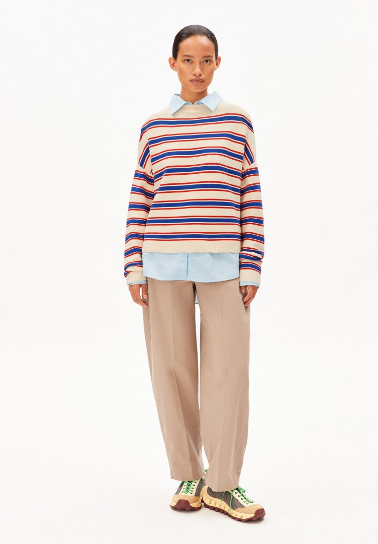 Suéter MERINAA STRIPES KNIT Oatmilk-Mars red-Dynamo blue