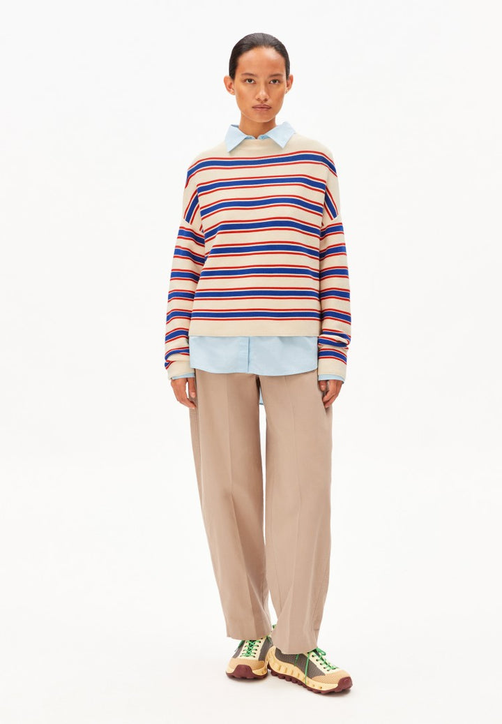 Suéter MERINAA STRIPES KNIT Oatmilk-Mars red-Dynamo blue