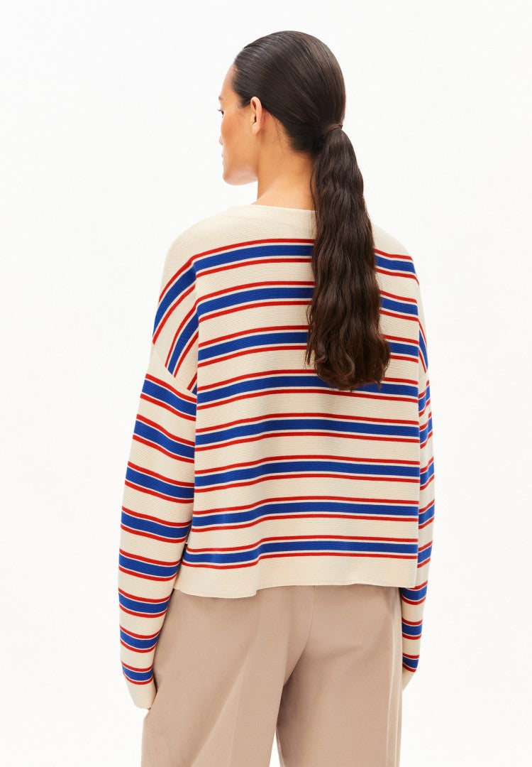Suéter MERINAA STRIPES KNIT Oatmilk-Mars red-Dynamo blue