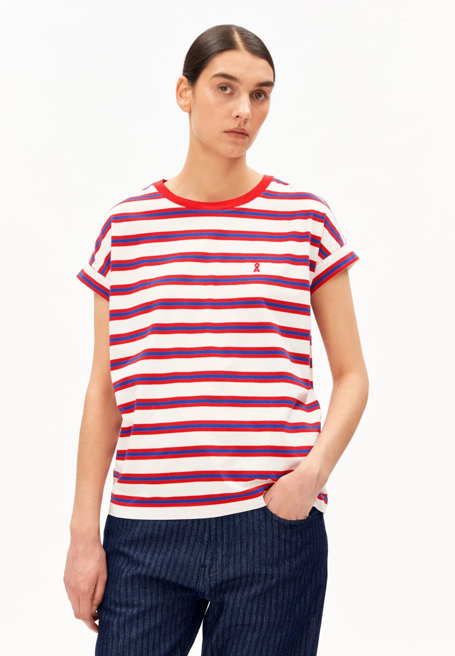 Camiseta IDAARA STRIPES Rayas Light oatmilk - Mars red - Dynamo blue - Olokuti