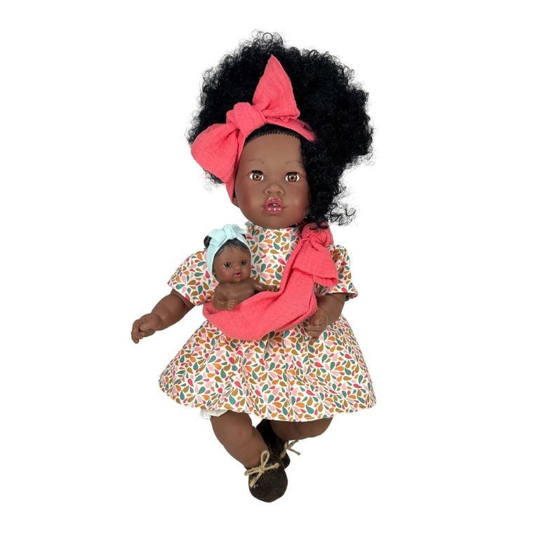 Muñeca Alika Pelo rizado con Bebé 40 cm. - 3780 - Olokuti
