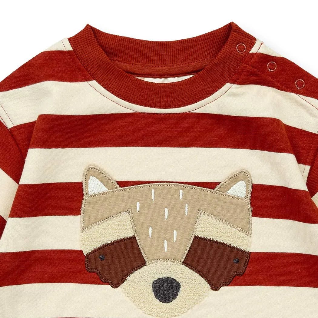 Sudadera bebé SIAM Rayas Terracota-Rojo y Mapache - Olokuti