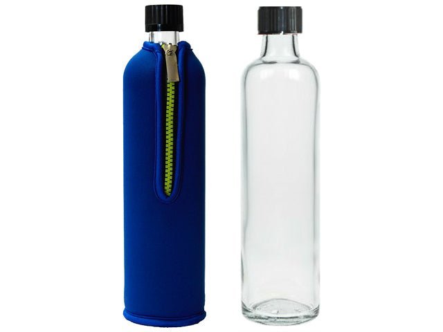 Botella de vidrio con funda de neopreno azul, 500ml - Olokuti
