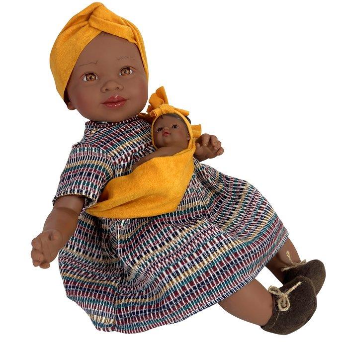 Muñeca María con bebé mochila Ocre - Olokuti