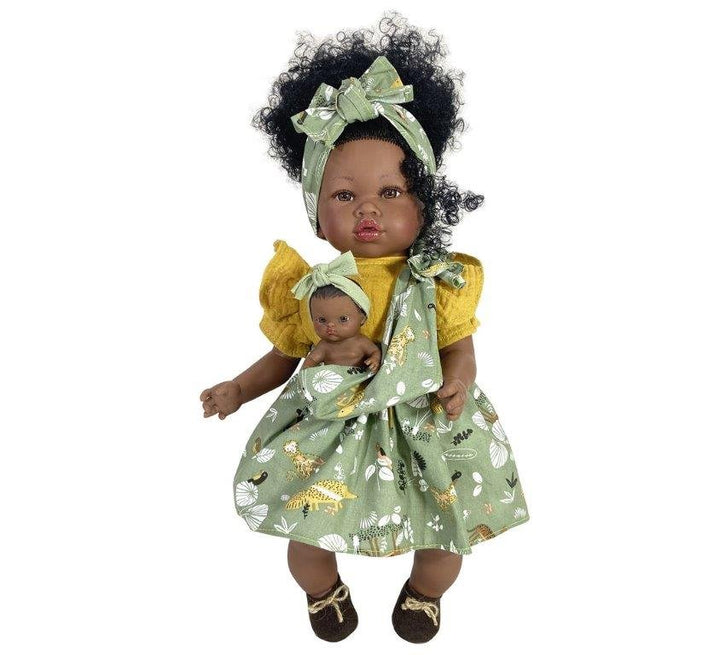 Muñeca Maria con pelo rizado y bebé mochila - Olokuti